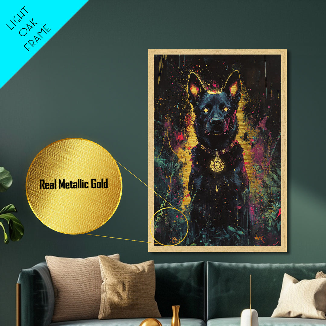 Black Hellhound Metallic Gold Art, Spooky Haunted Dog Metal Art, Halloween Wall Decor Framed in Natural Real Wood
