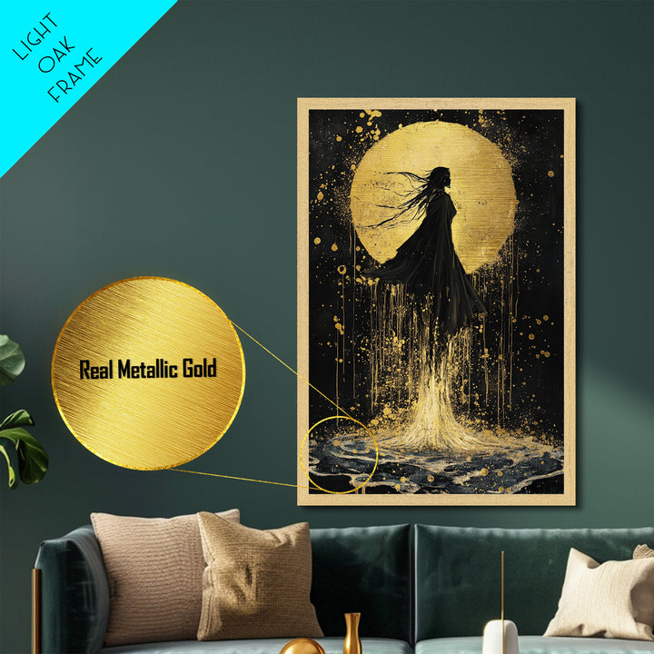 Mystic Woman in Moonlight Metallic Gold Art, Witchy Floating Silhouette Metal Art, Spooky Season Decor in Real Wood Frame