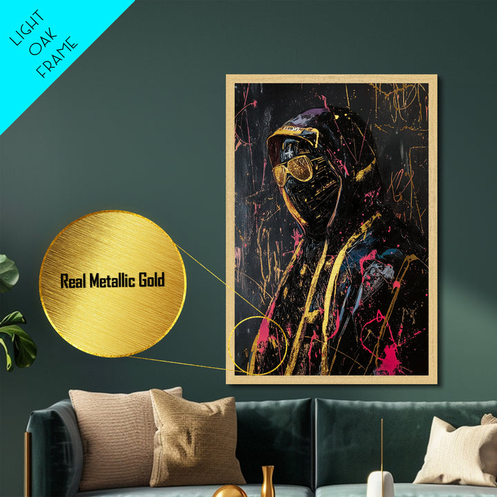 Masked Stranger Metallic Gold Art, Creepy Horror Street Style Metal Art, Spooky Halloween Decor with Natural Wood Frame
