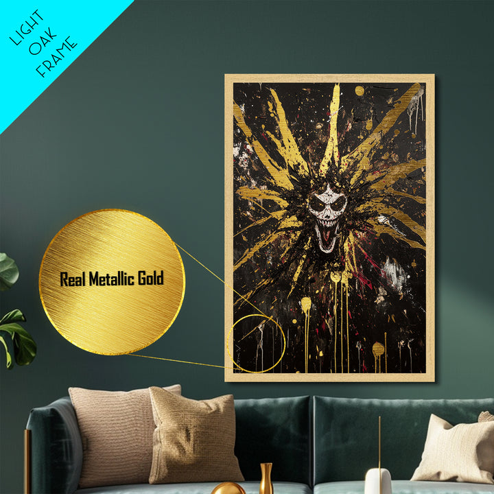 Laughing Skull Burst Metallic Gold Art, Haunted Horror Face Metal Art, Gothic Halloween Wall Art Framed in Real Wood