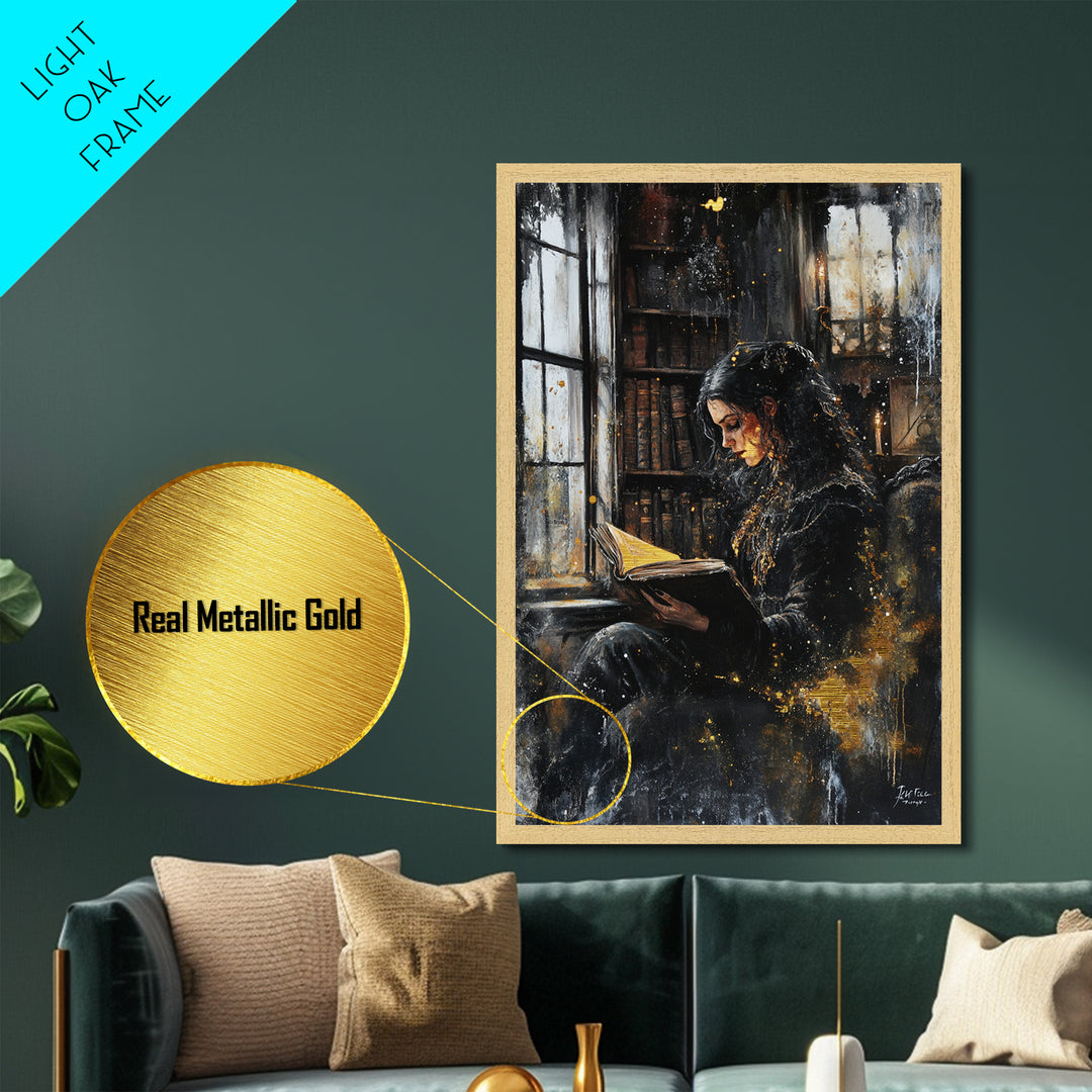 Gothic Witch Reading Spellbook Metallic Gold Art Metal Art Spooky Halloween Wall Decor framed in natural real wood