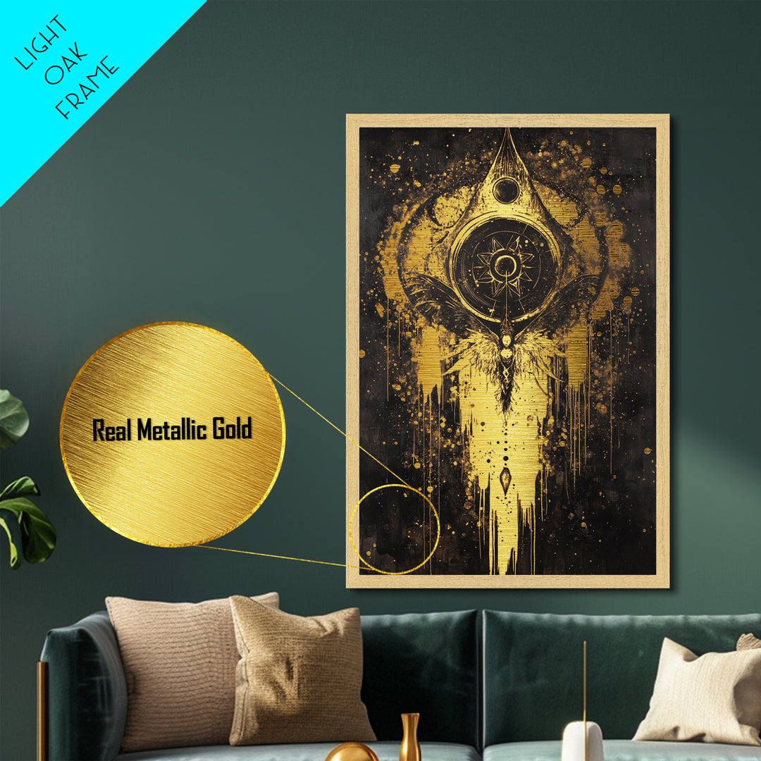 Haunted Celestial Angel Metallic Gold Art Metal Art Occult Halloween Spooky Season Wall Hanging with real wood frame