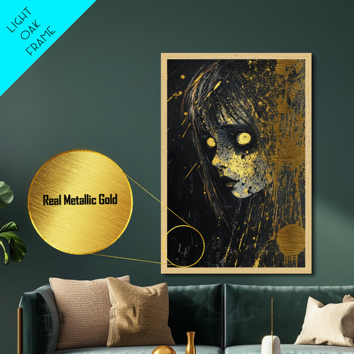 Creepy Horror Doll Portrait Metallic Gold Art Metal Art Spooky Halloween Wall Decor in handcrafted real wood frame