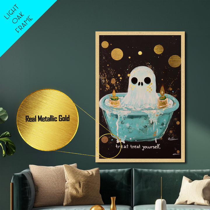 Cute Bathtub Ghost Metallic Gold Art Metal Art Halloween Spooky Season Wall Print framed with solid real wood accents