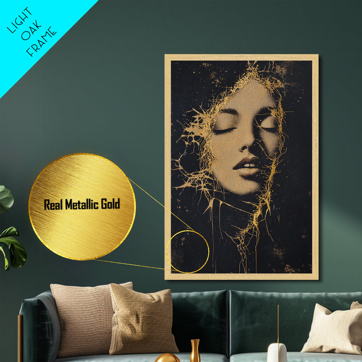Golden Roots Haunted Face, Creepy Abstract Metallic Gold Art Portrait, Spooky Season Metal Art framed in natural wood