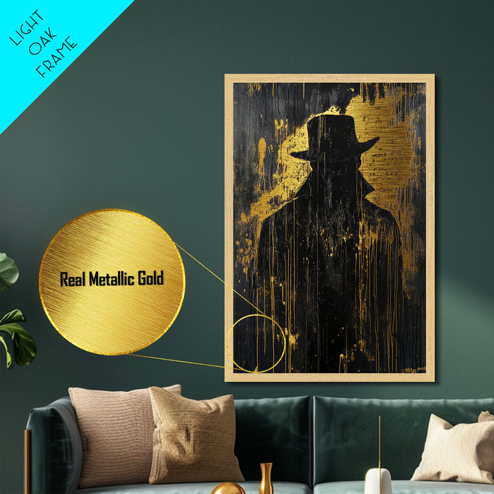 Dark Shadow Figure Metallic Gold Art Metal Art Creepy Horror Halloween Haunted Wall Decor in premium real wood frame