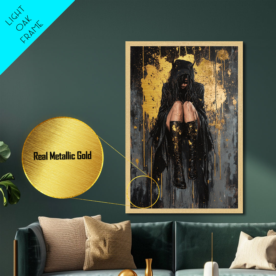 Moody Gothic Girl in Hood Metallic Gold Art Metal Art Spooky Season Haunted Halloween Wall Hanging with natural wood frame