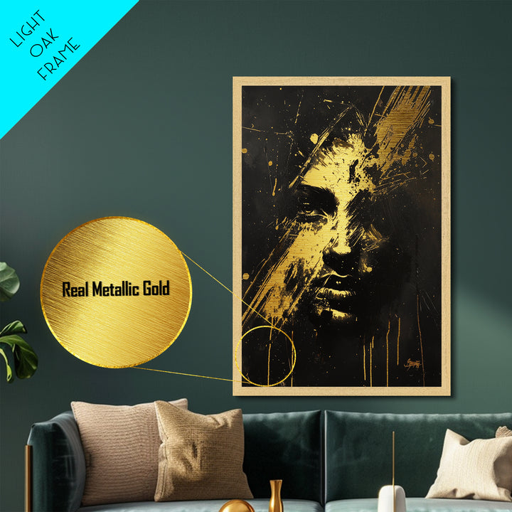 Abstract Haunted Face Metallic Gold Art Metal Art Spooky Horror Gothic Halloween Wall Print framed in genuine wood