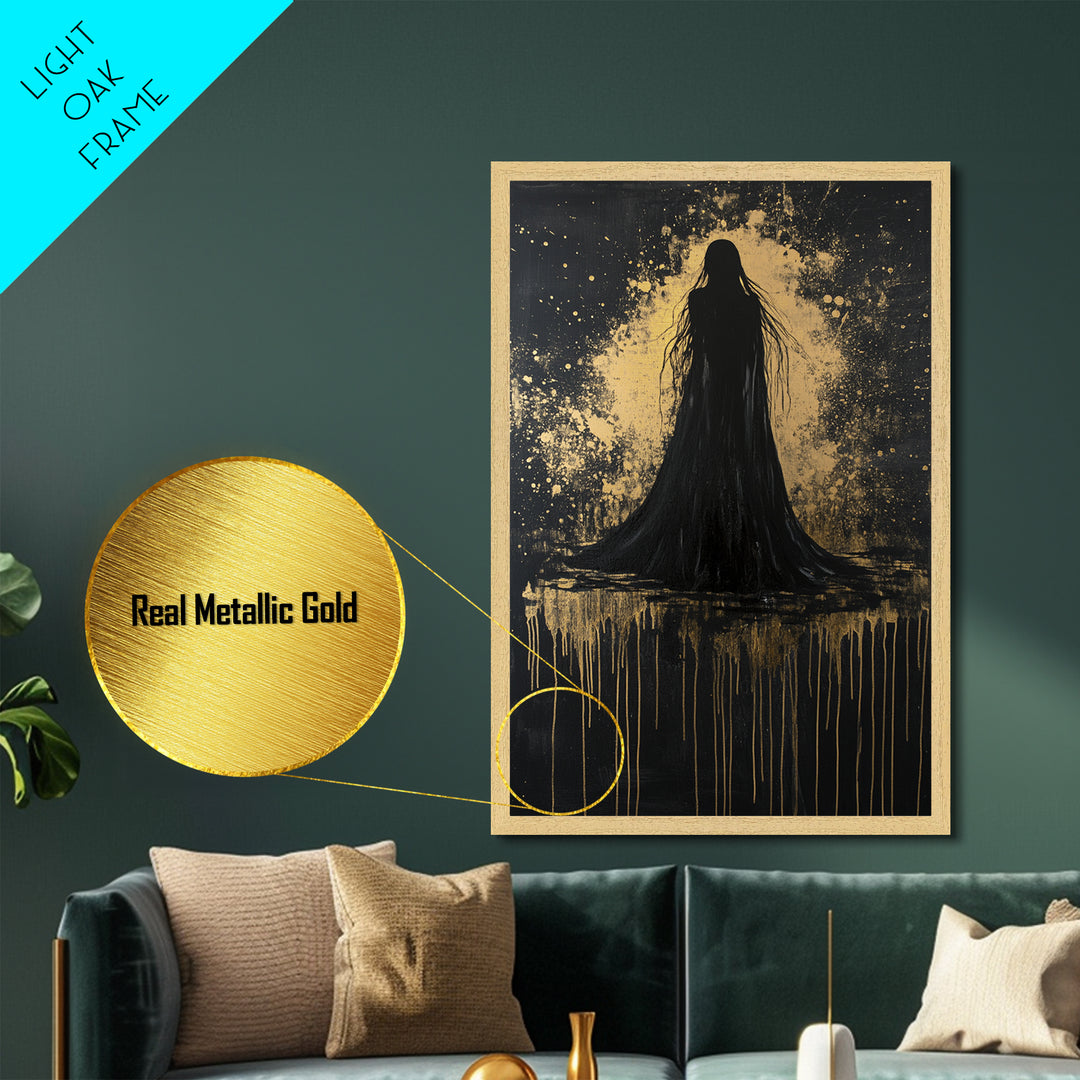 Spooky Ghostly Silhouette Metallic Gold Art Metal Art Haunted Horror Halloween Wall Hanging with authentic real wood frame