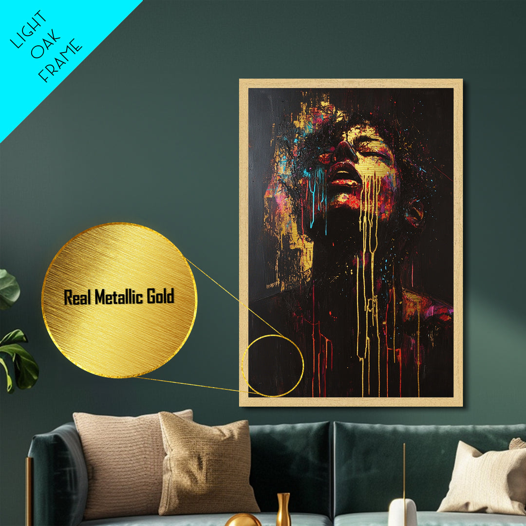 Vibrant Horror Scream Metallic Gold Art Metal Art Creepy Spooky Halloween Abstract Wall Art in real wood handcrafted frame