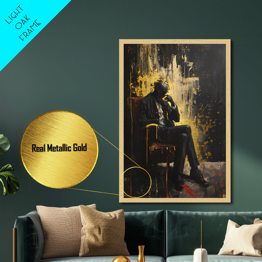 Haunted Man in Suit Metallic Gold Art Metal Art Gothic Horror Halloween Spooky Season Wall Decor framed with natural wood