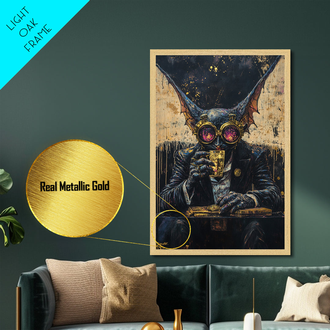Gothic Bat Creature Drinking Whiskey – Metallic Gold Art, Spooky Season Metal Art, Framed in Real Wood for Halloween Decor