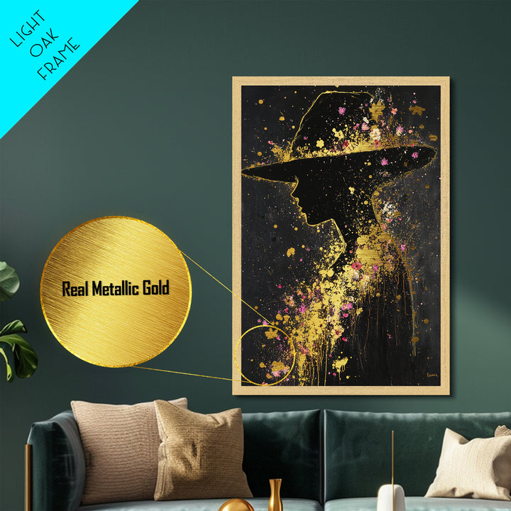 Haunting Silhouette with Floral Hat – Halloween Metallic Gold Art, Spooky Metal Art on Canvas, Natural Wood Frame Wall Hanging