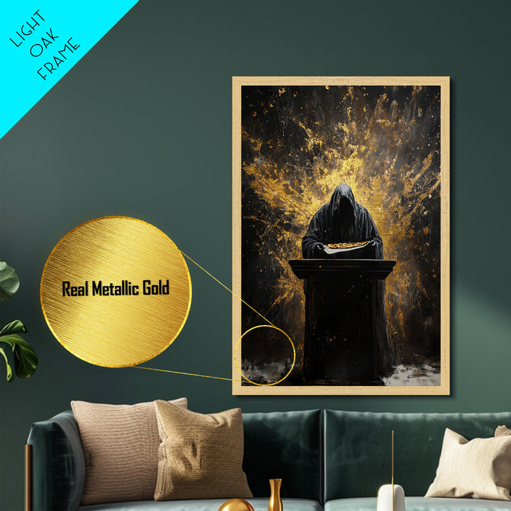 Dark Hooded Reaper Offering Pizza, Gothic Horror Metallic Gold Art, Haunted Season Metal Art in handcrafted wood frame