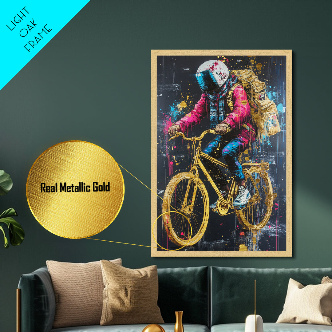 Astronaut Biker in Neon Drips – Halloween Metallic Gold Art, Surreal Spooky Season Metal Art, Real Wood Frame Gothic Decor