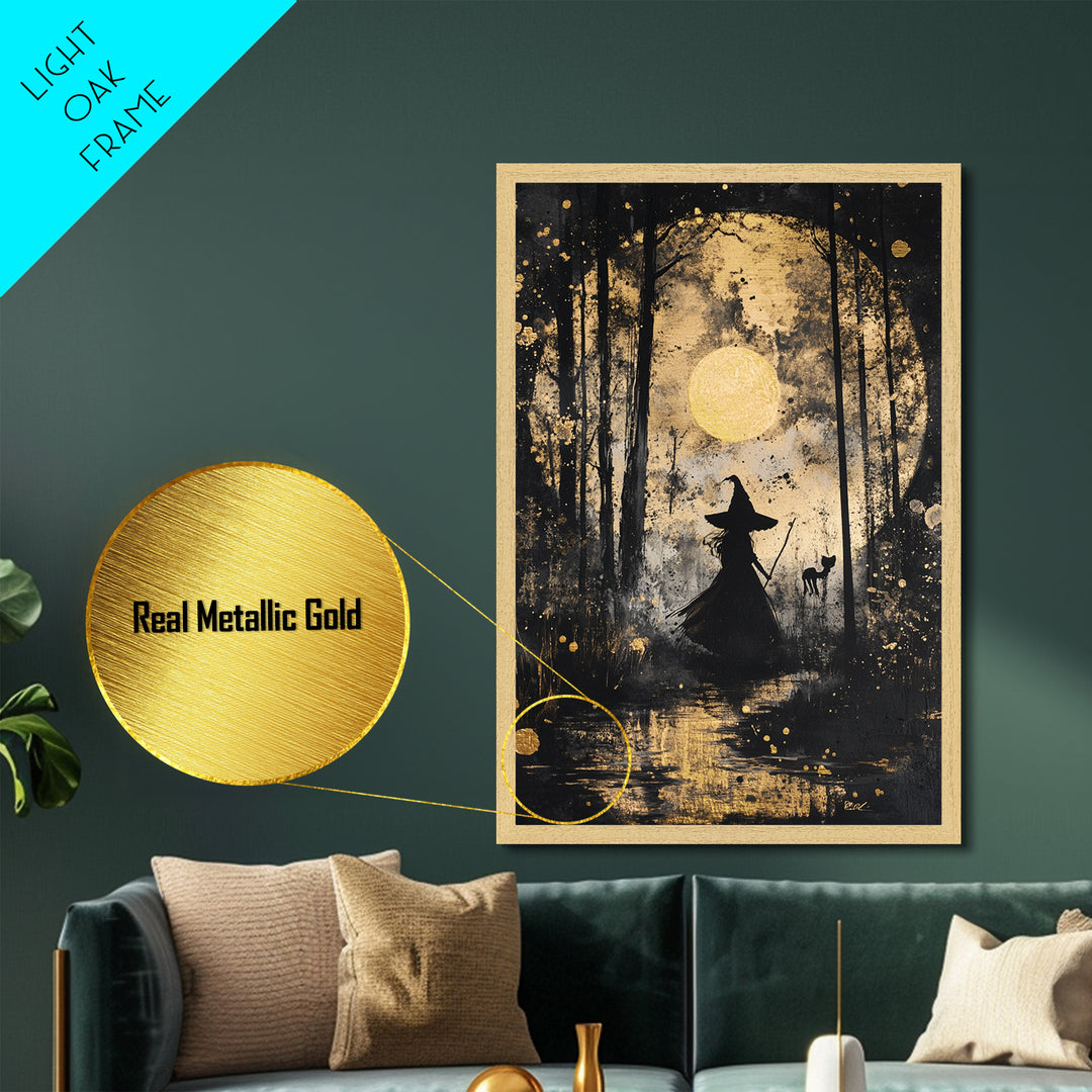 Witch in Forest with Cat and Moon – Metallic Gold Art, Halloween Spooky Metal Art, Gothic Wall Art Framed in Natural Wood