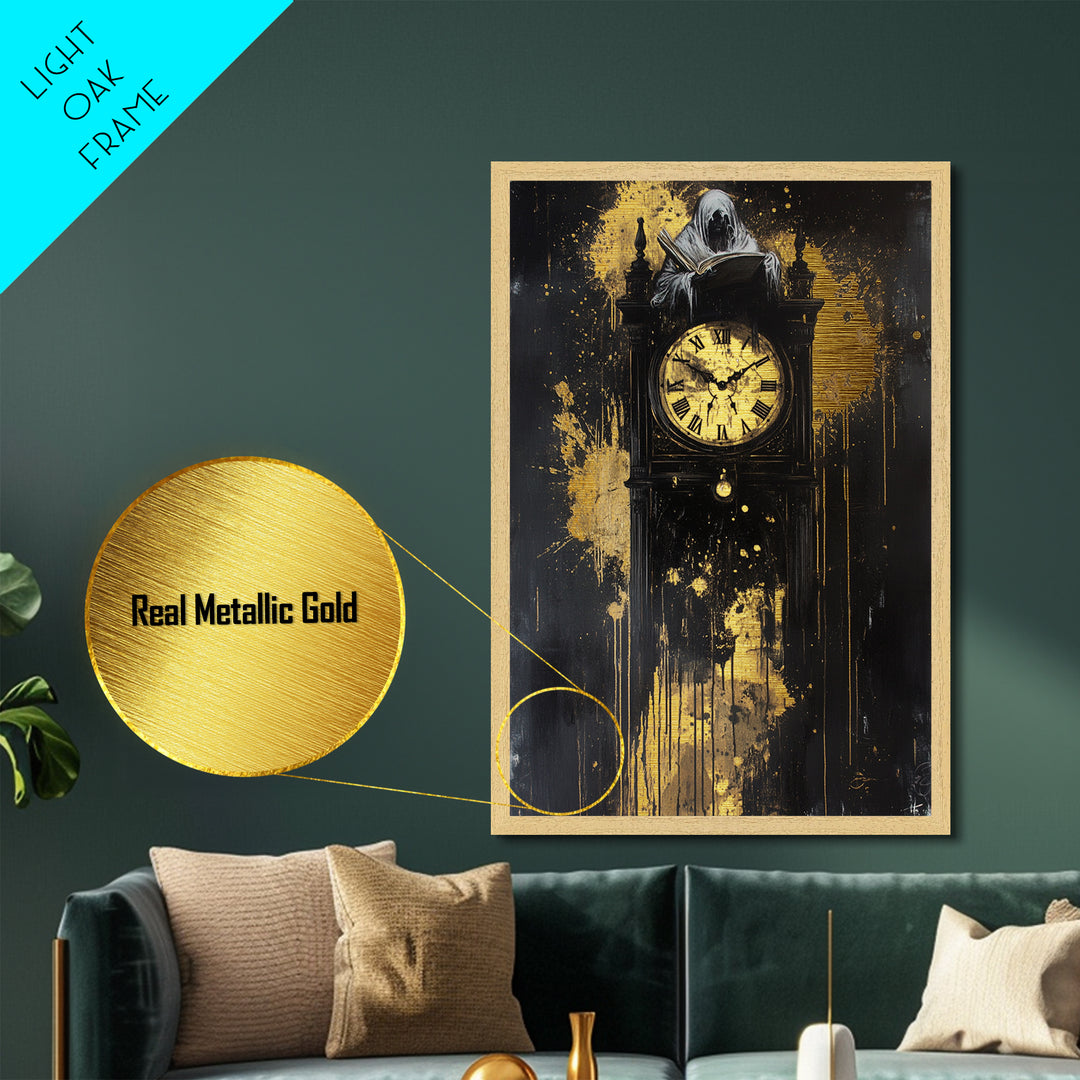 Ghostly Figure atop Gothic Clock – Metallic Gold Art, Haunted Metal Art, Spooky Season Halloween Wall Decor in Real Wood Frame