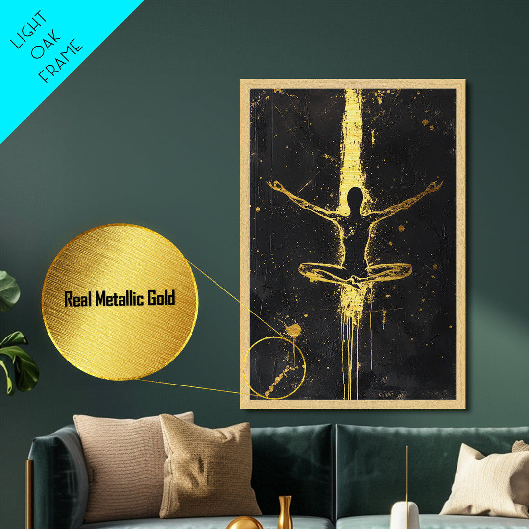 Meditative Silhouette with Golden Aura – Metallic Gold Art, Spiritual Halloween Metal Art, Spooky Season Wall Piece in Wood Frame