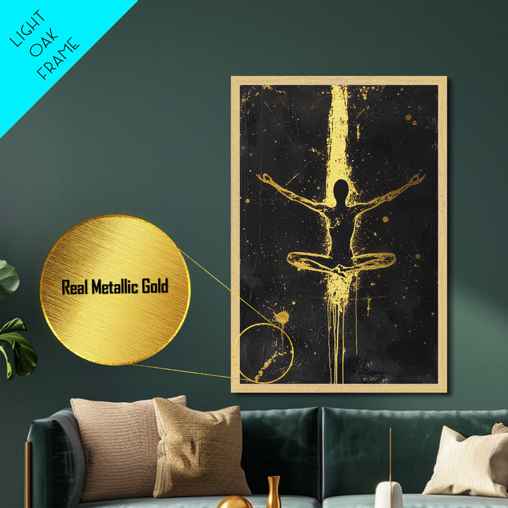 Meditative Silhouette with Golden Aura – Metallic Gold Art, Spiritual Halloween Metal Art, Spooky Season Wall Piece in Wood Frame