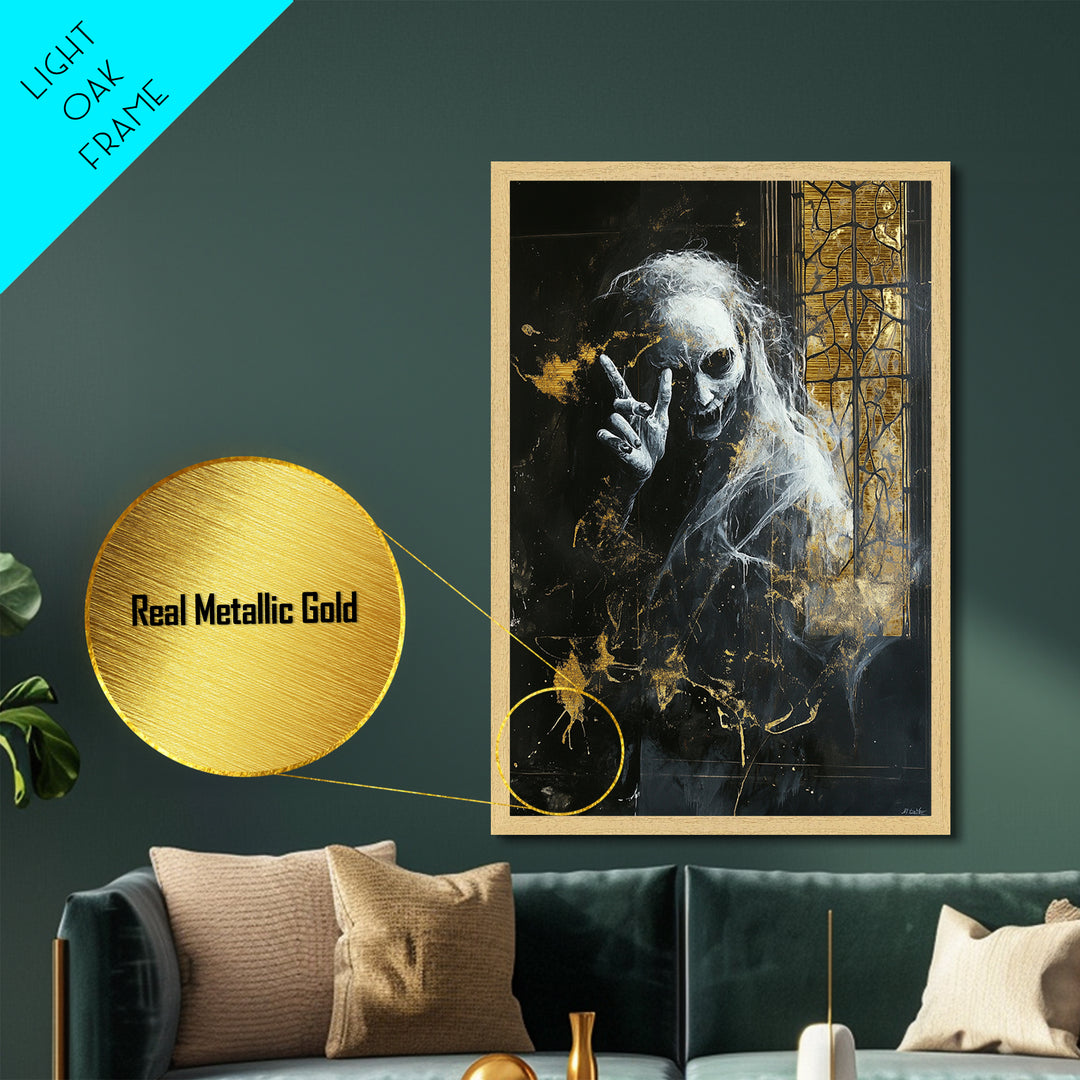 Creepy Ghost by Gothic Window – Metallic Gold Art, Haunted Gothic Metal Art, Halloween Wall Art with Natural Real Wood Frame