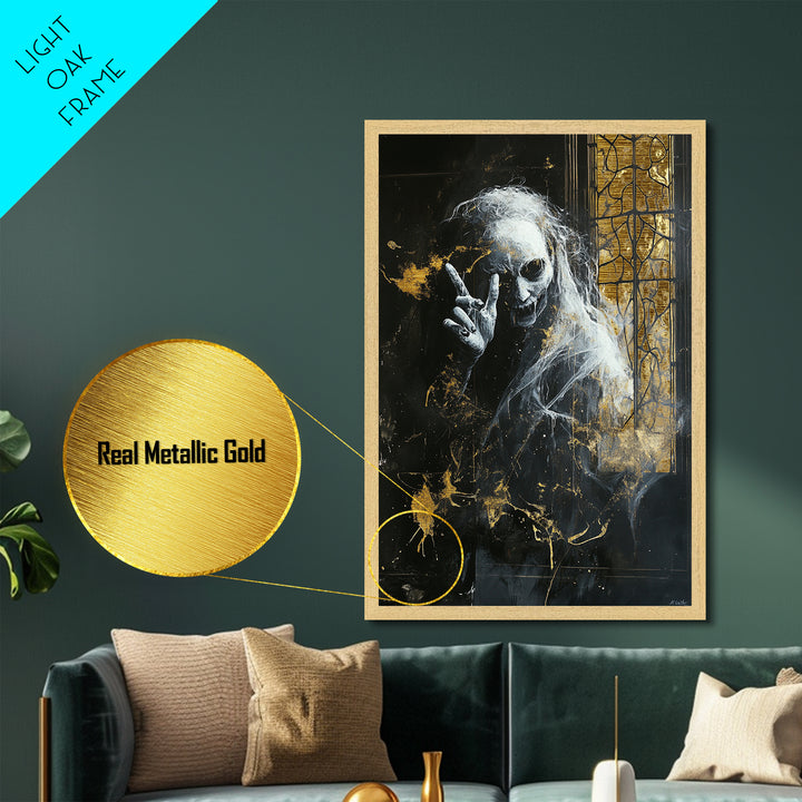 Creepy Ghost by Gothic Window – Metallic Gold Art, Haunted Gothic Metal Art, Halloween Wall Art with Natural Real Wood Frame