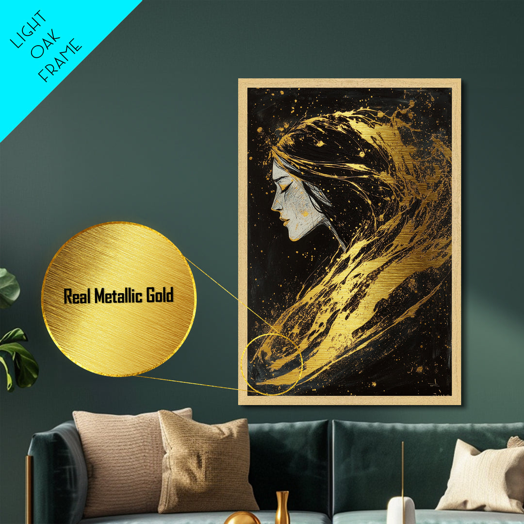 Haunting Woman Profile Metallic Gold Art, Gothic Metal Art Wall Decor in Natural Wood Frame, Spooky Season Halloween Gift