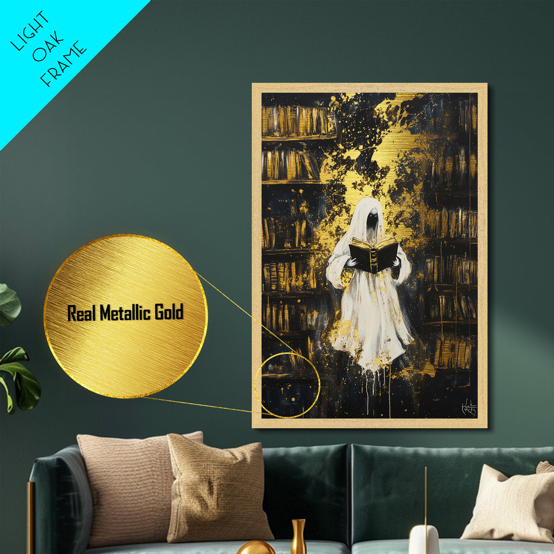 Ghostly Librarian Metallic Gold Art, Spooky Haunted Library Metal Art with Real Wood Frame, Halloween Gothic Wall Hanging