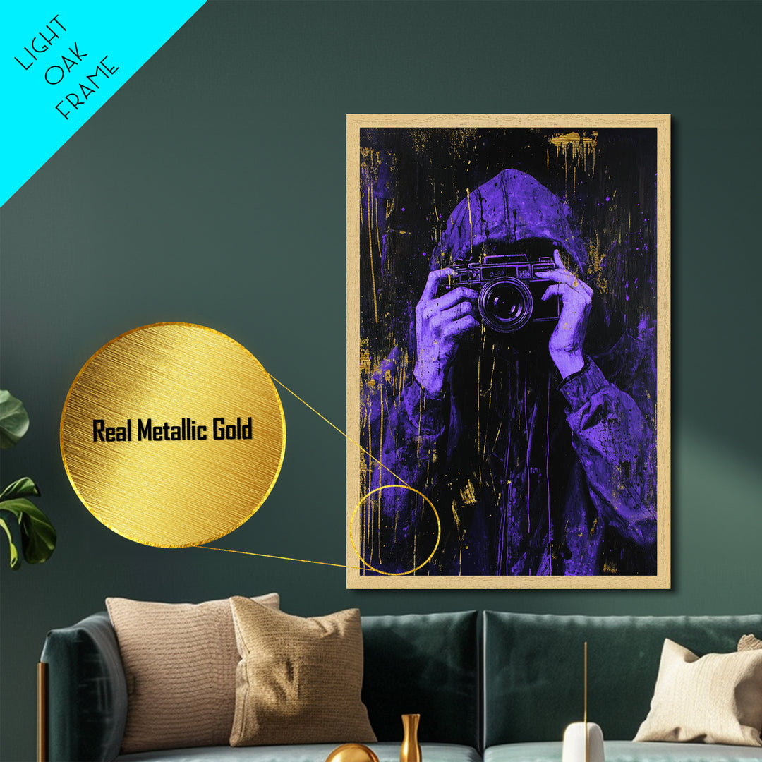 Purple Hooded Photographer Metallic Gold Art, Creepy Urban Metal Art Framed in Real Wood, Halloween Spooky Season Artwork