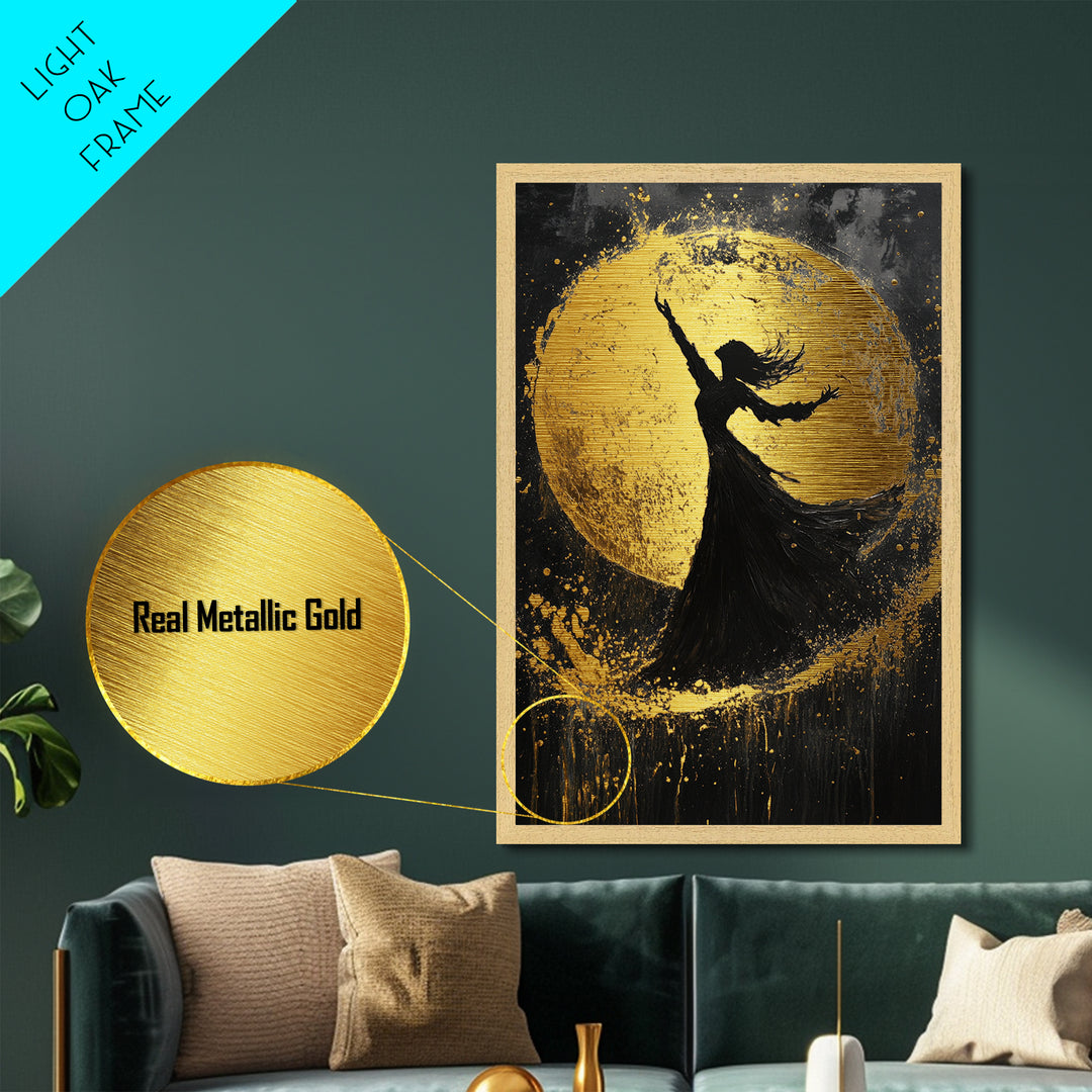 Witch Dancing Under Moon Metallic Gold Art, Spooky Halloween Metal Art in Real Wood Frame, Gothic Wall Decor for Fall