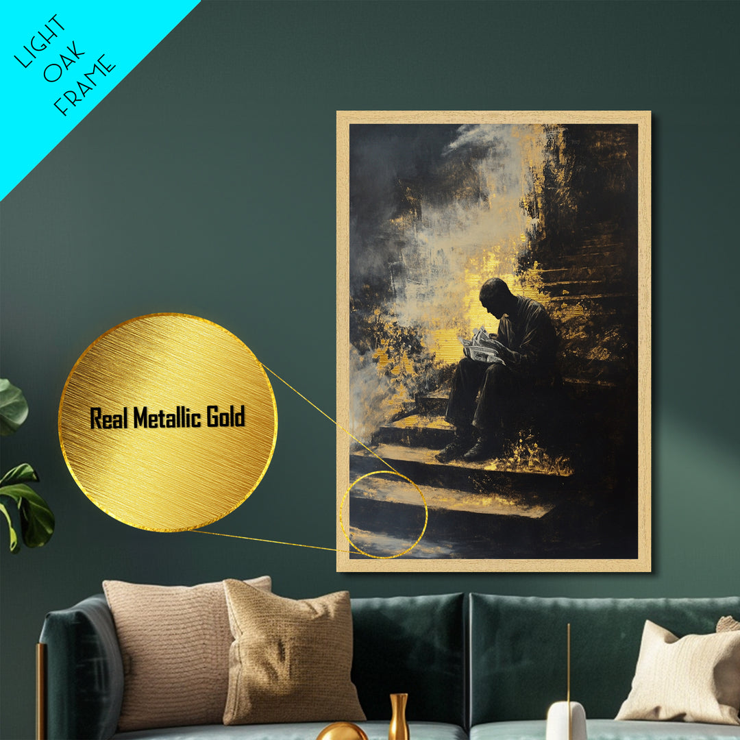 Shadow Reader on Steps, Haunted Gothic Metallic Gold Art, Creepy Halloween Metal Art with spooky vibe in real wood frame