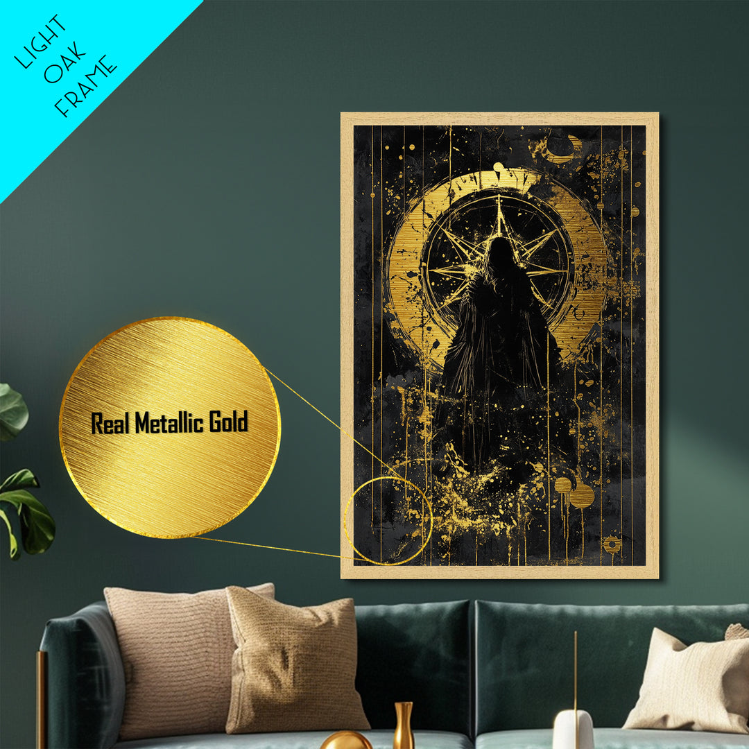 Mystic Compass Metallic Gold Art, Dark Gothic Metal Art Wall Hanging with Real Wood Frame, Spooky Season Halloween Decor