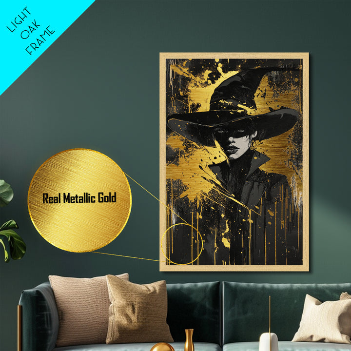Witch Hat Portrait Metallic Gold Art, Creepy Halloween Metal Art in Wooden Frame, Gothic Spooky Season Witchy Wall Artwork
