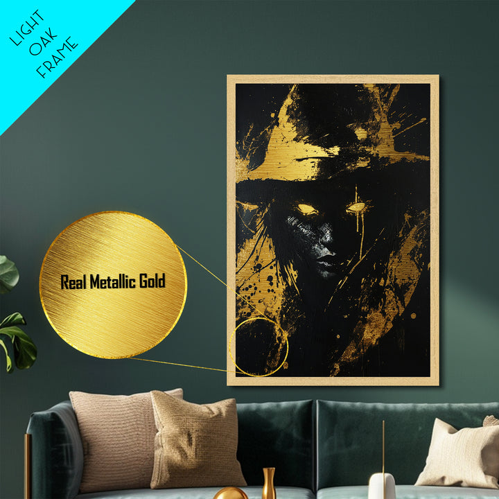 Glowing Eyes Witch Metallic Gold Art, Spooky Haunted Metal Art with Real Wood Frame, Gothic Halloween Season Wall Hanging