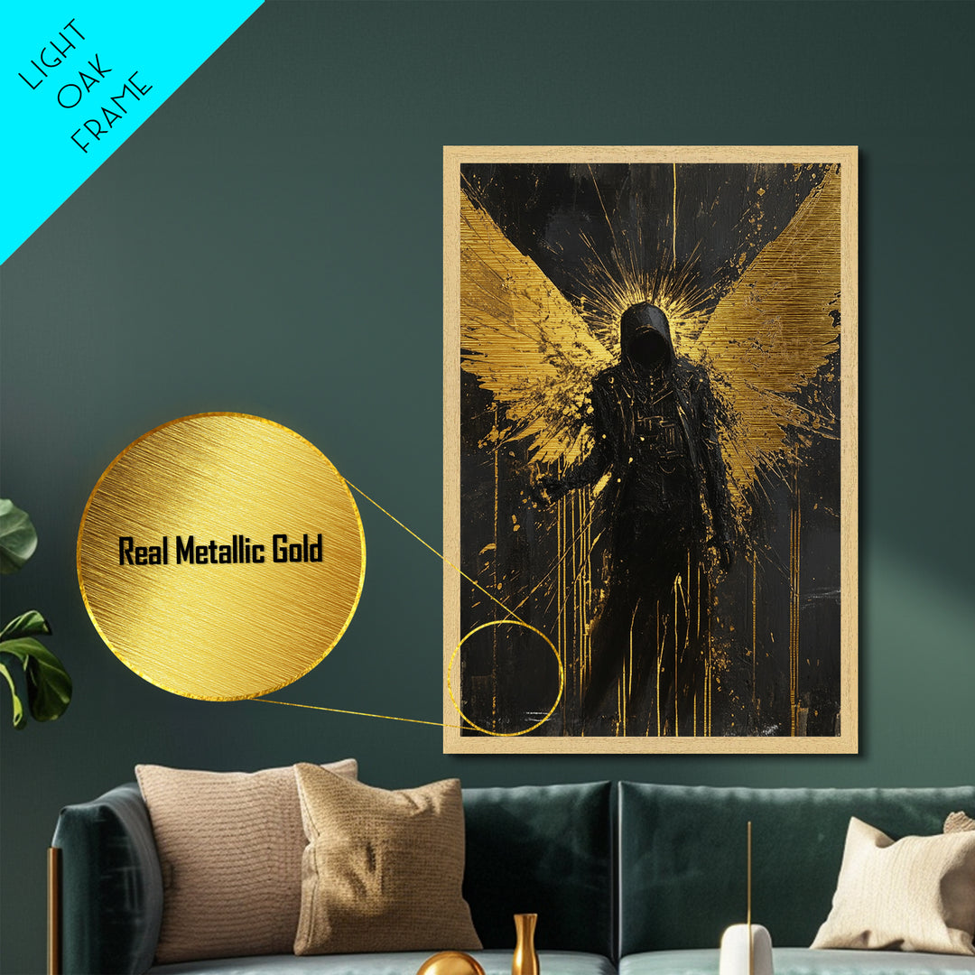 Dark Angel Metallic Gold Art, Gothic Winged Metal Art Wall Decor in Natural Wood Frame, Spooky Halloween Season Wall Artwork