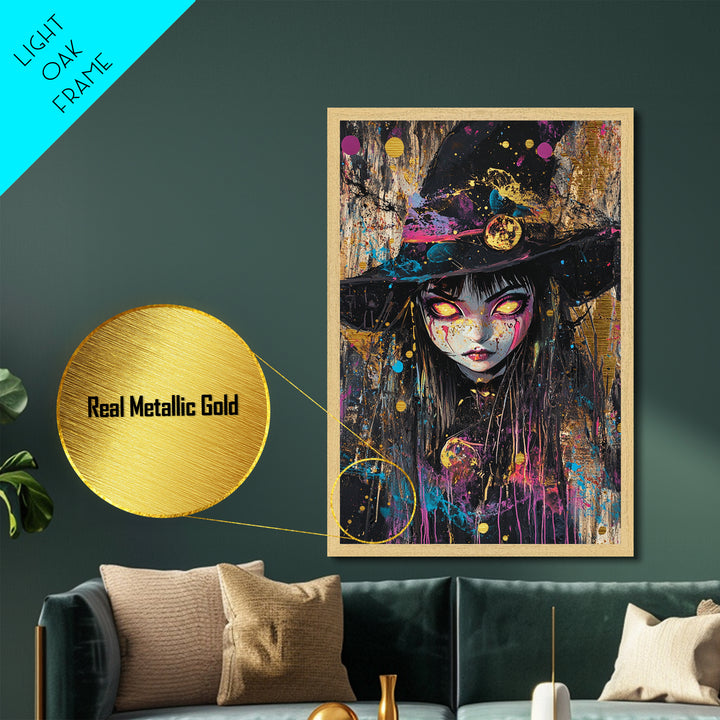 Gothic Witch Portrait with Glowing Eyes | Creepy Halloween Metallic Gold Art, Metal Art, Natural Wood Frame Witchy Wall Art