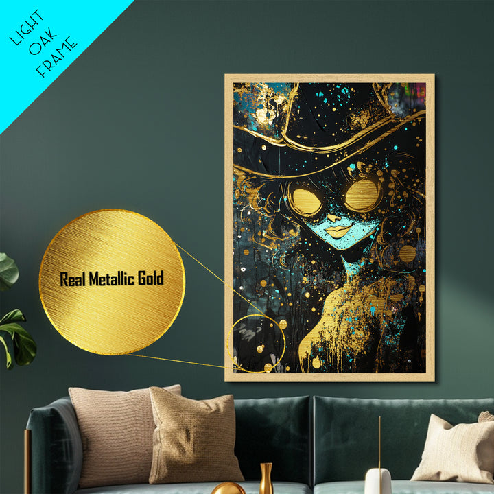 Haunted Sorceress with Fiery Eyes | Metallic Gold Art, Metal Art, Spooky Season Wall Decor in Real Wood Frame Witch Halloween Art