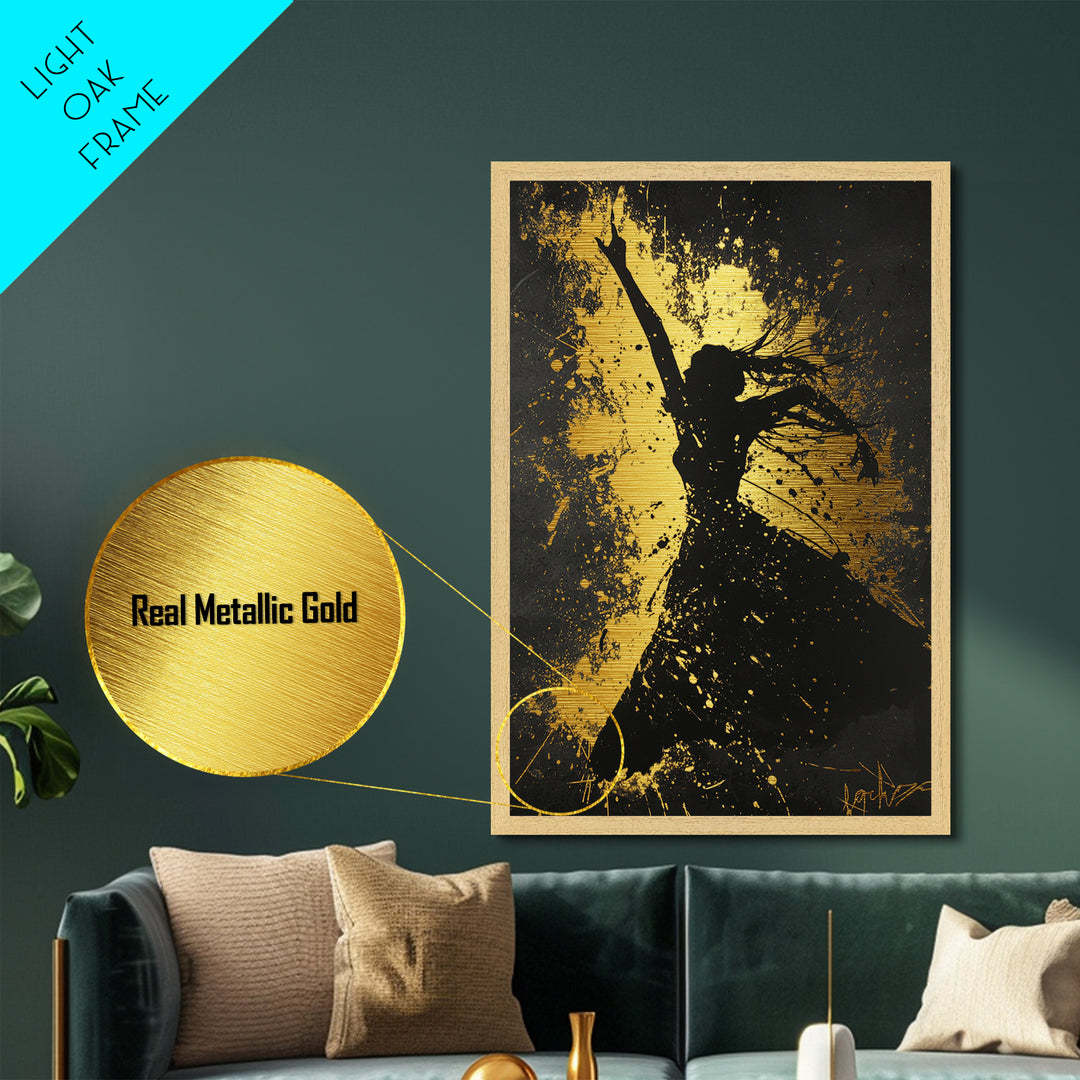 Dancing Silhouette Gothic Spirit, Spooky Splatter Metallic Gold Art, Halloween Horror Metal Art framed in natural wood
