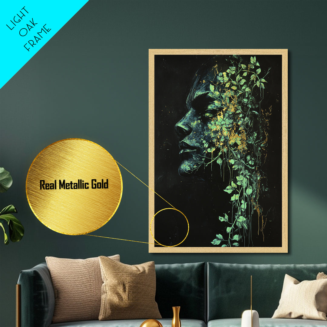 Creepy Botanical Face with Ivy Growth | Gothic Horror Metallic Gold Art, Metal Art, Halloween Nature Spirit Artwork in Wood Frame