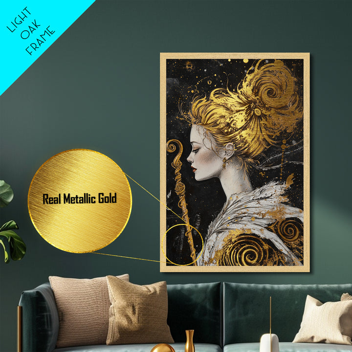Golden Haired Enchantress with Staff | Witchy Halloween Metallic Gold Art, Metal Art, Mystical Fantasy Portrait in Natural Wood Frame