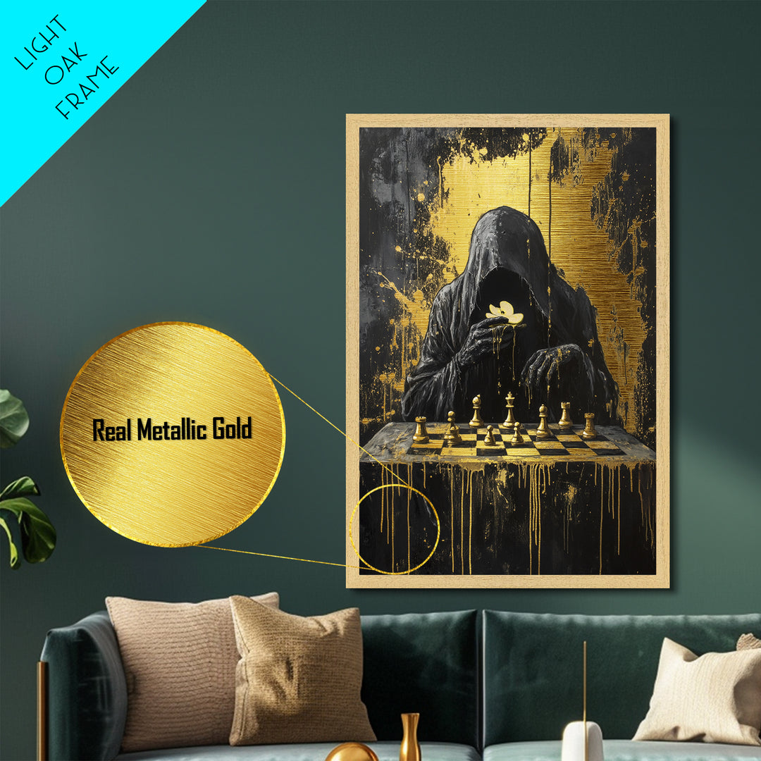 Grim Reaper Playing Chess | Spooky Season Halloween Metallic Gold Art, Metal Art, Gothic Horror Wall Decor in Wood Frame Design