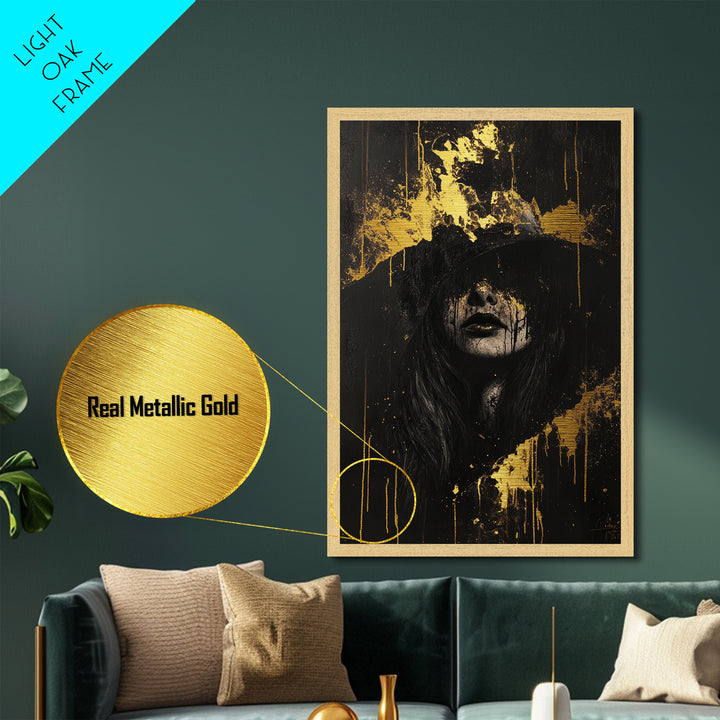 Witch in Shadow with Golden Drips | Creepy Halloween Metallic Gold Art, Metal Art, Haunted Gothic Portrait Framed in Real Wood