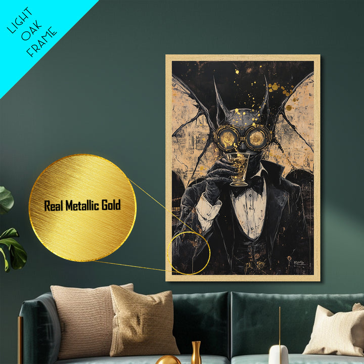 Steampunk Bat Gentleman with Drink | Gothic Halloween Metallic Gold Art, Metal Art, Spooky Vampiric Decor with Natural Wood Frame