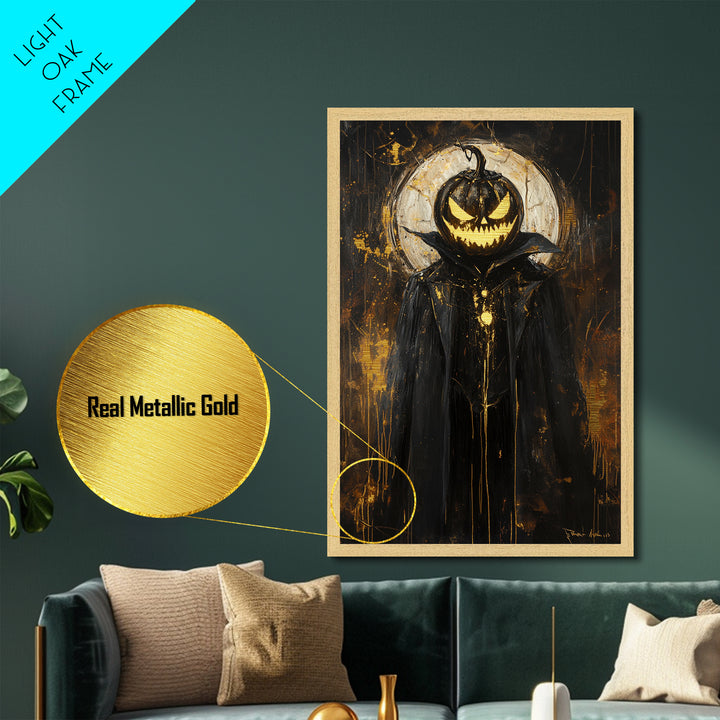 Pumpkin Head Halloween Wall Art, Metallic Gold Art Metal Art, Gothic Spooky Portrait Framed in Natural Real Wood