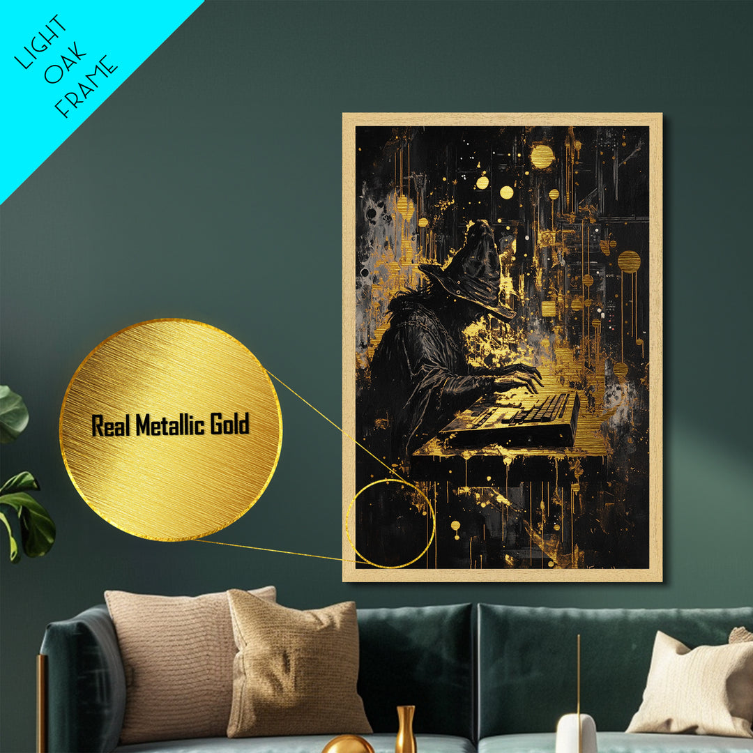 Witch Hacker Spooky Season Wall Decor, Metallic Gold Art Metal Art, Creepy Haunted Painting with Real Wood Frame