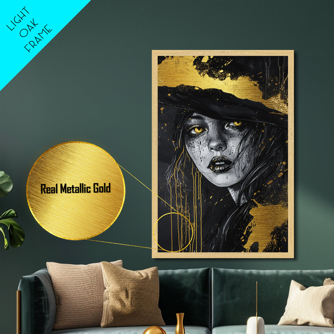 Witchy Woman Portrait, Metallic Gold Art Metal Art, Gothic Halloween Wall Decor in Real Wood Frame for Spooky Season