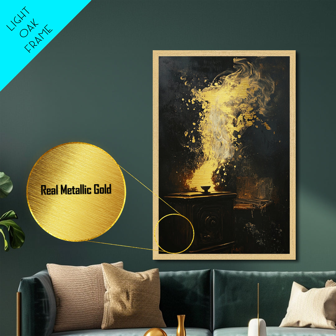Haunted Fireplace Halloween Decor, Metallic Gold Art Metal Art, Dark Spooky Horror Wall Art with Real Wood Framing