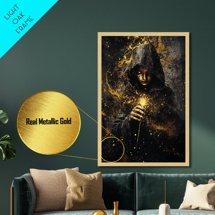 Mystical Hooded Sorceress, Metallic Gold Art Metal Art, Spooky Season Gothic Halloween Wall Art with Wood Frame