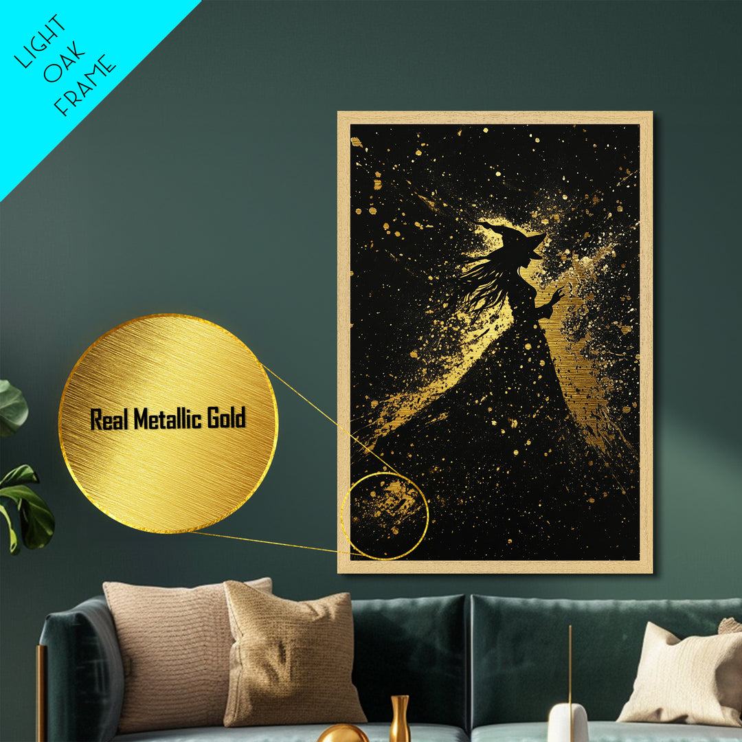 Witch Silhouette Halloween Wall Art, Metallic Gold Art Metal Art, Spooky Haunted Night Decor in Handcrafted Real Wood Frame