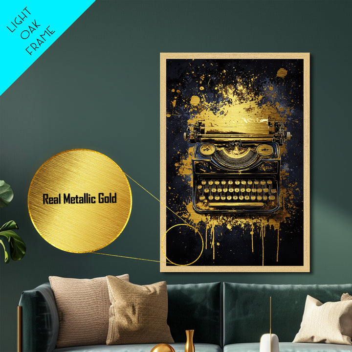 Gothic Typewriter Halloween Art, Metallic Gold Art Metal Art, Creepy Haunted Spooky Season Print with Real Wood Frame