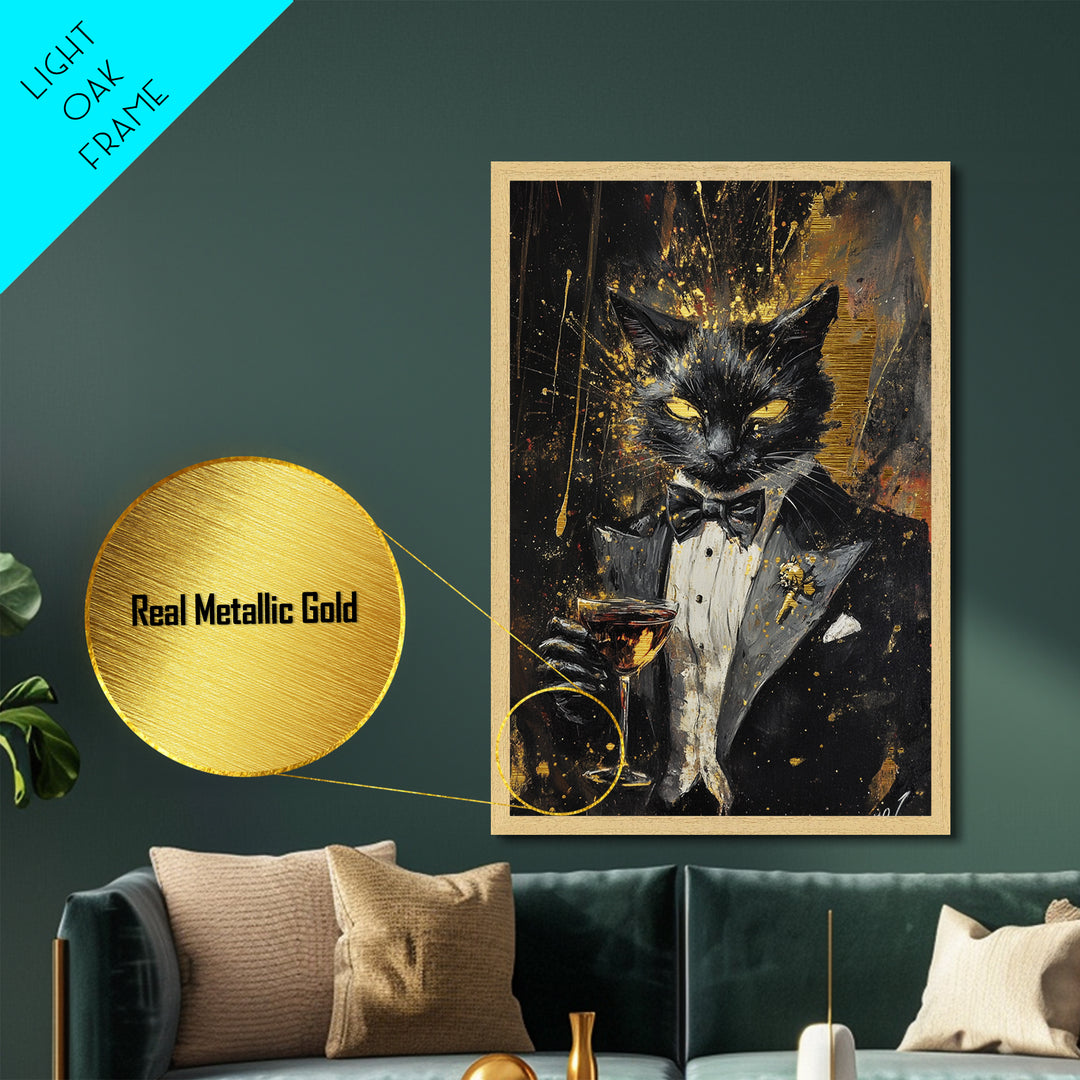 Black Cat in Tuxedo Wall Decor, Metallic Gold Art Metal Art, Spooky Halloween Gothic Artwork Framed in Real Wood